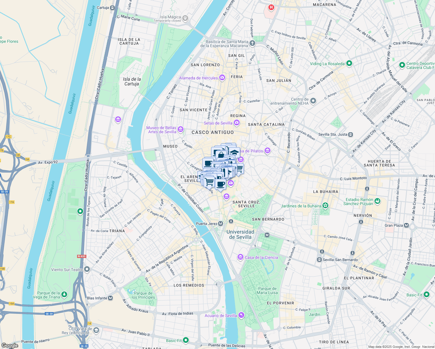 map of restaurants, bars, coffee shops, grocery stores, and more near 4 Calle Fernández y González in Sevilla