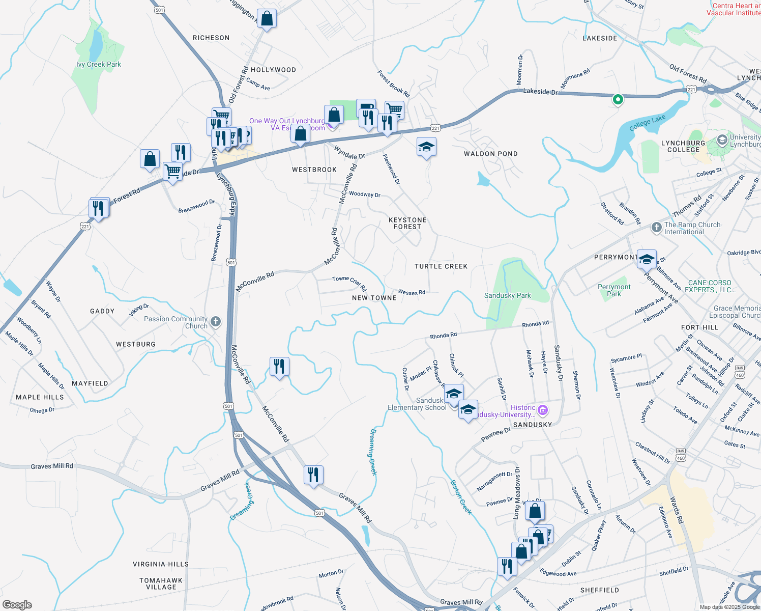 map of restaurants, bars, coffee shops, grocery stores, and more near 319 Towne Crier Road in Lynchburg