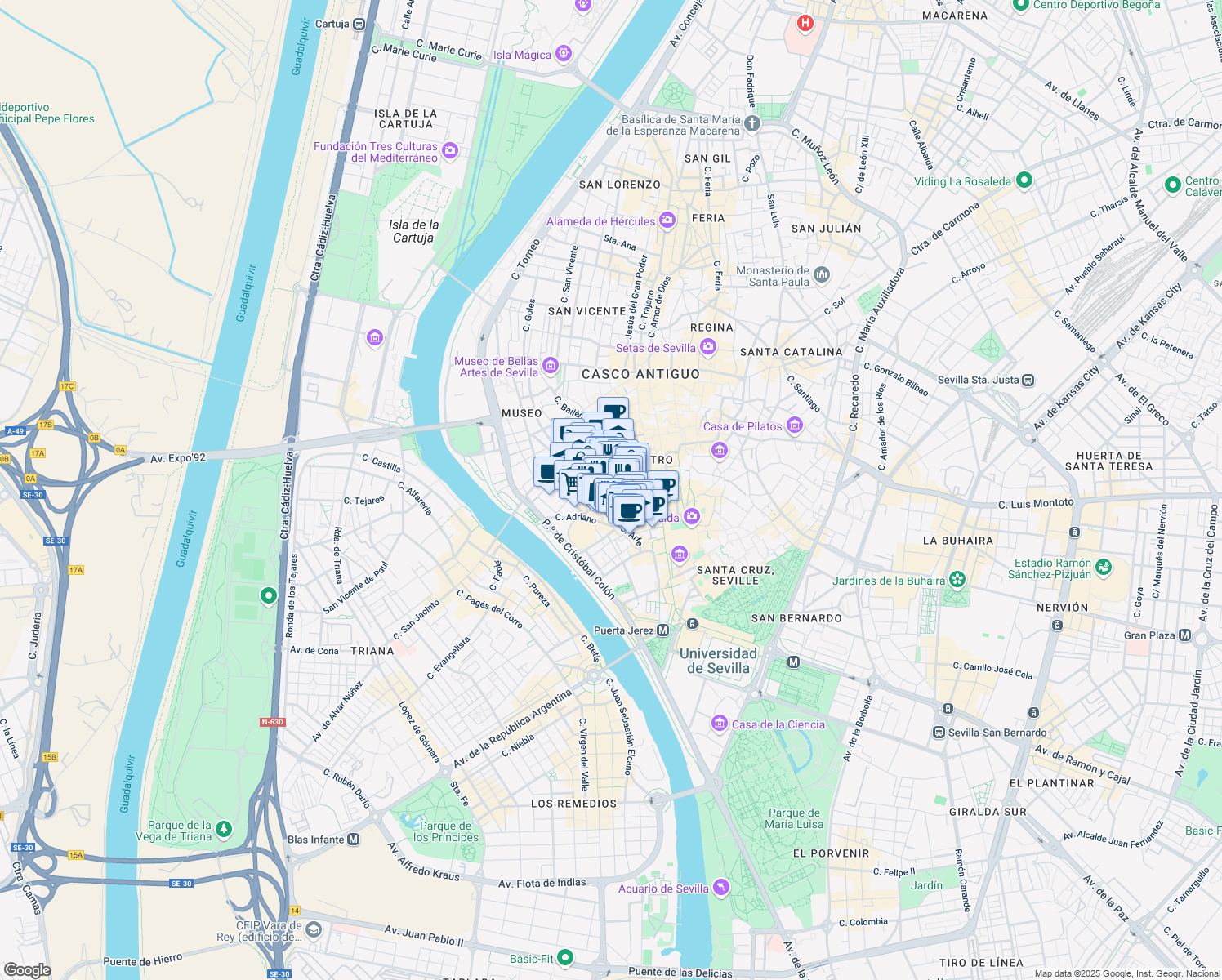 map of restaurants, bars, coffee shops, grocery stores, and more near 15 Calle Padre Marchena in Sevilla