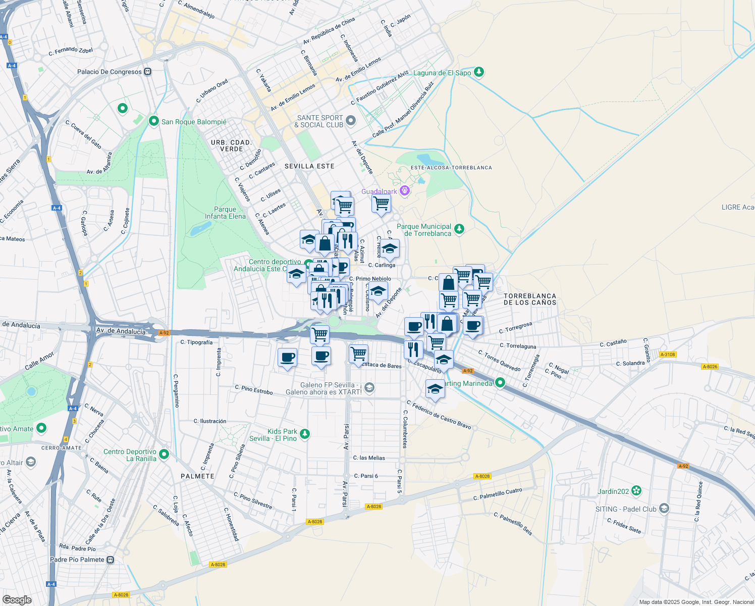 map of restaurants, bars, coffee shops, grocery stores, and more near Avenida del Deporte in Sevilla