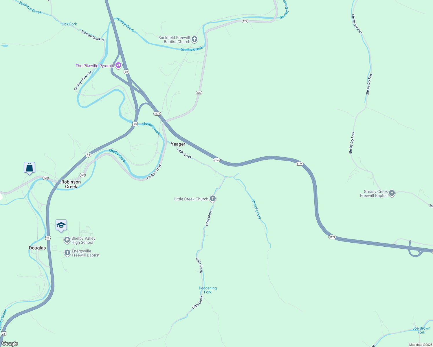 map of restaurants, bars, coffee shops, grocery stores, and more near 181 Little Creek in Pikeville