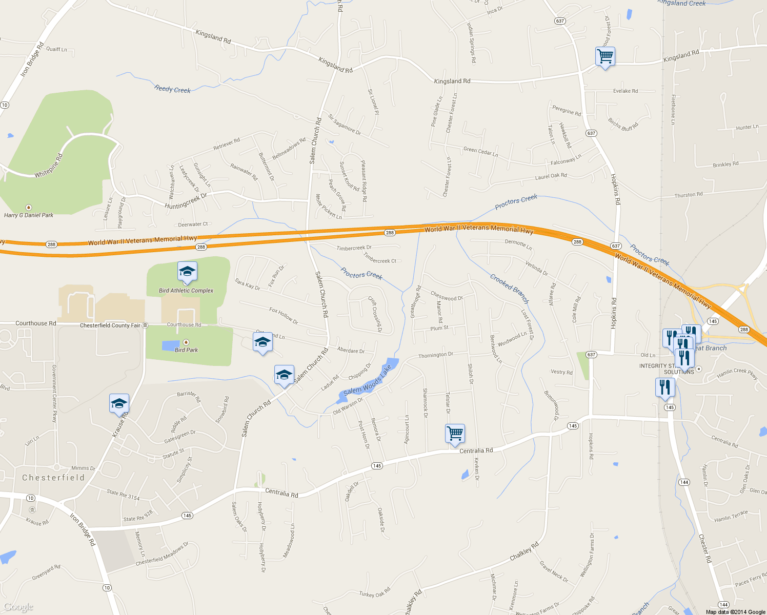 map of restaurants, bars, coffee shops, grocery stores, and more near 9543 Lockberry Ridge Loop in Richmond