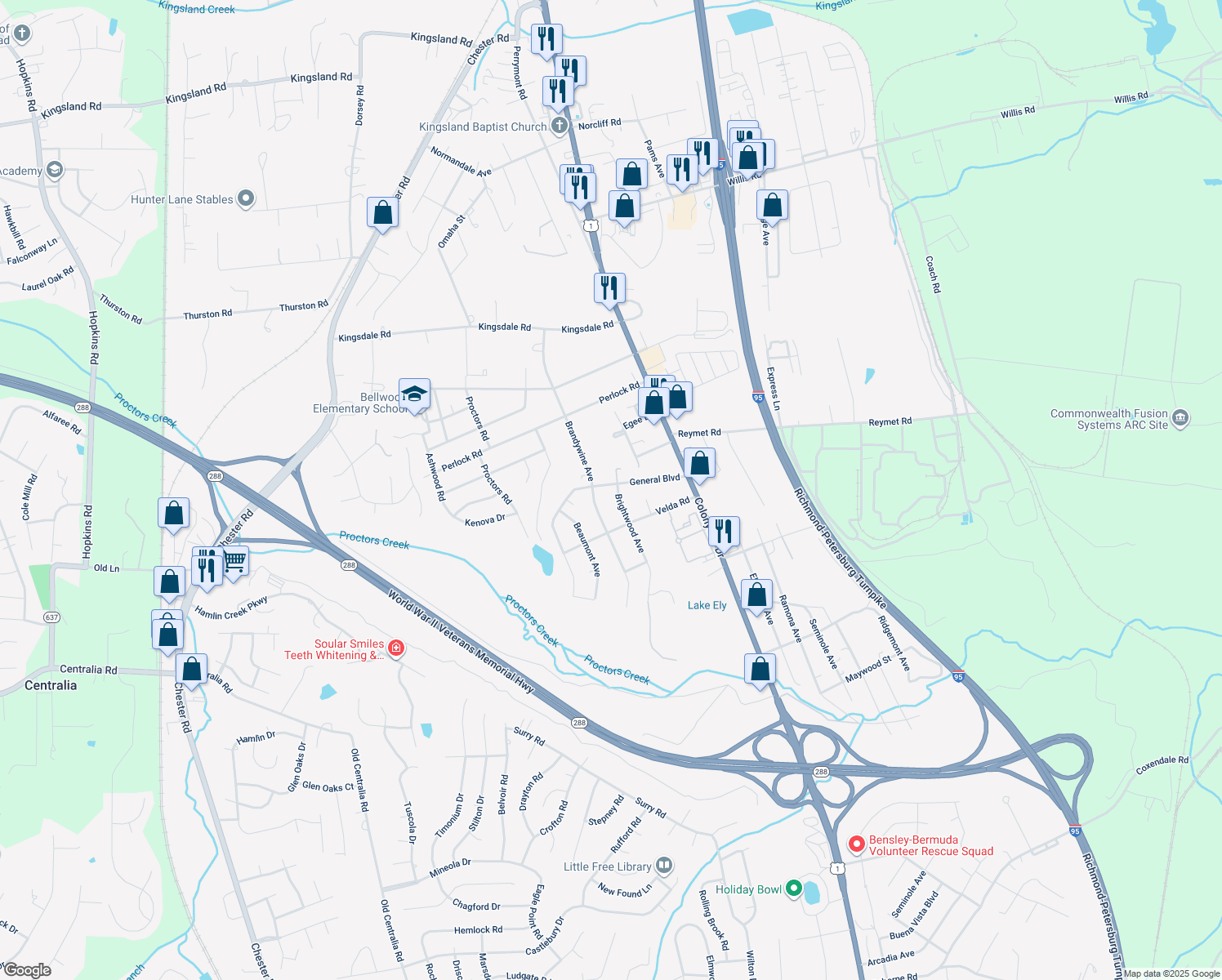 map of restaurants, bars, coffee shops, grocery stores, and more near 2811 General Boulevard in Richmond