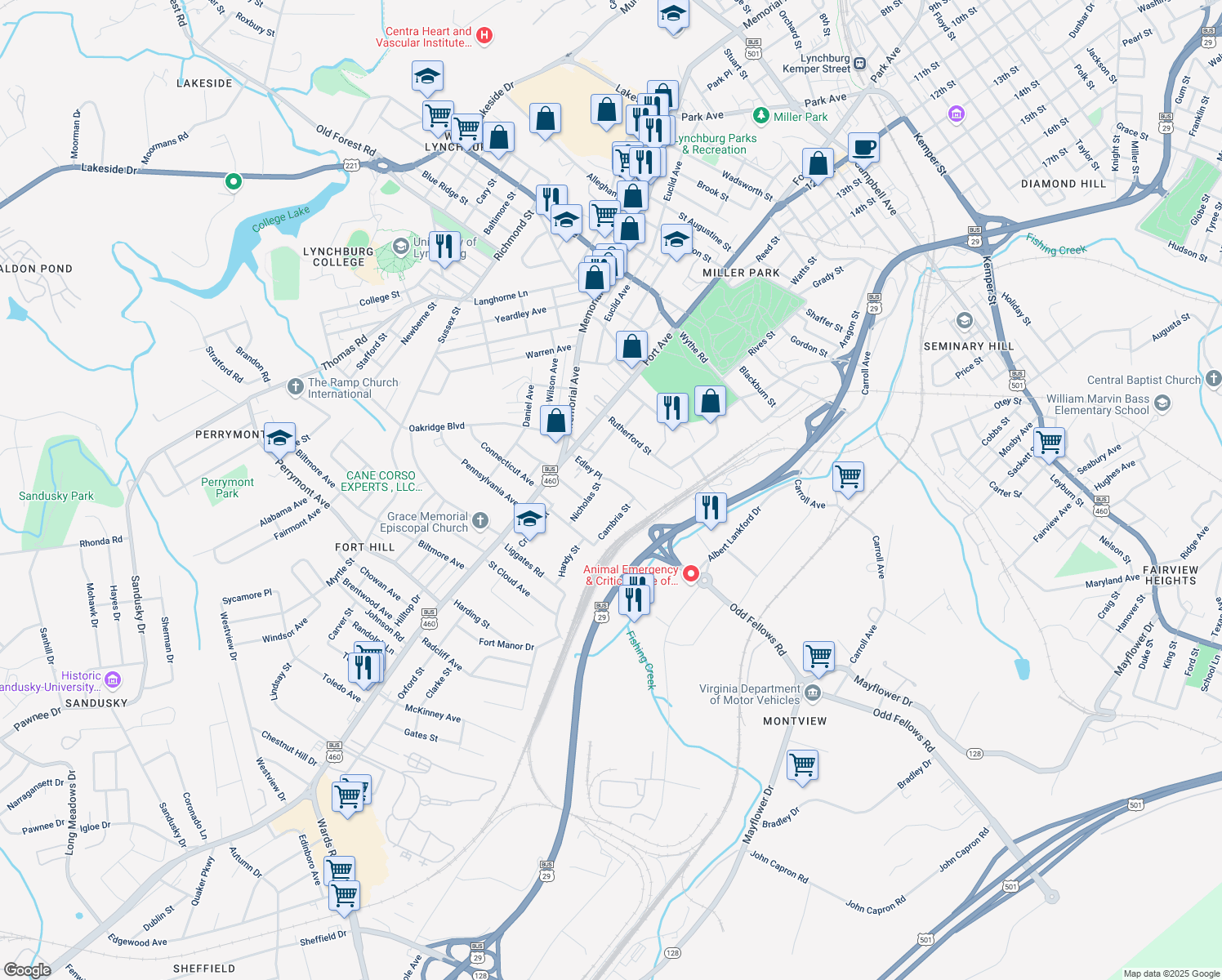 map of restaurants, bars, coffee shops, grocery stores, and more near 1415 Edley Pl in Lynchburg
