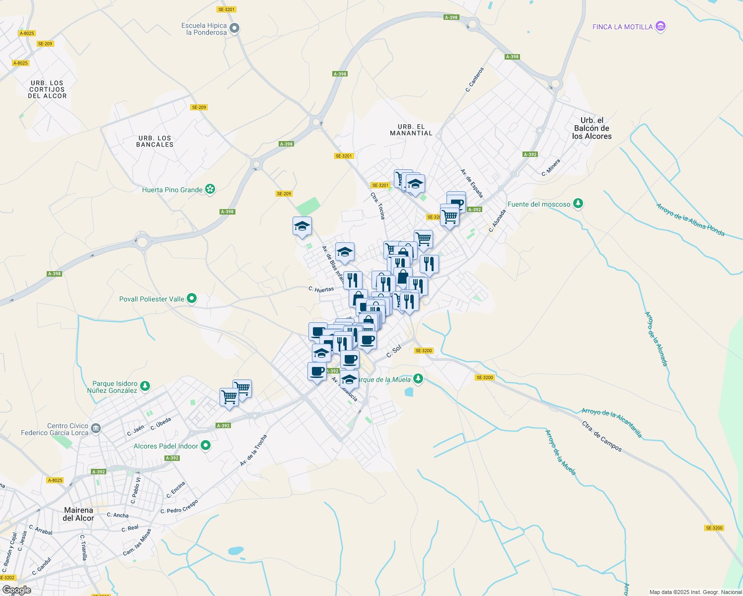 map of restaurants, bars, coffee shops, grocery stores, and more near Calle Alcores in El Viso del Alcor