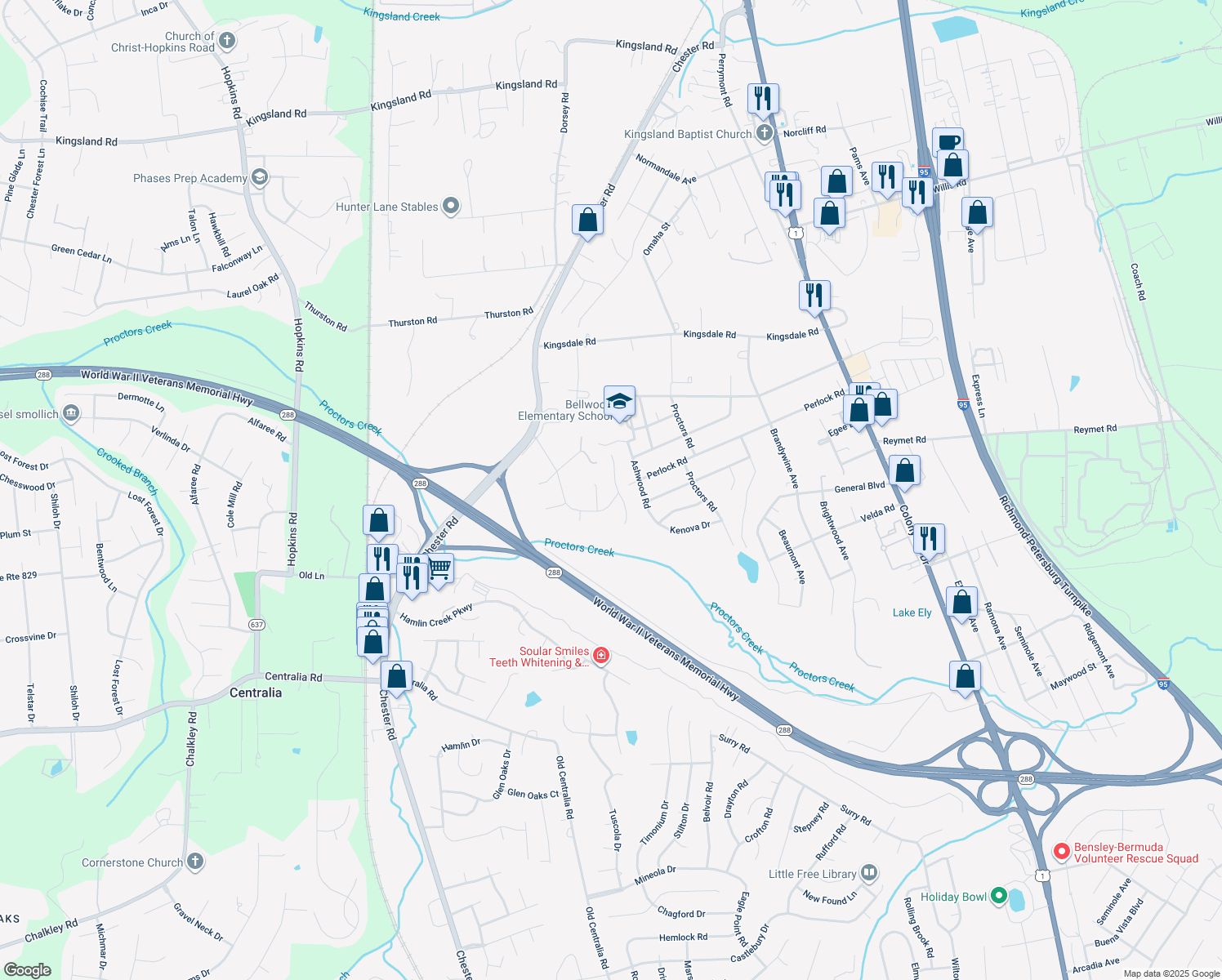map of restaurants, bars, coffee shops, grocery stores, and more near 9642 Ransom Hills Terrace in Richmond