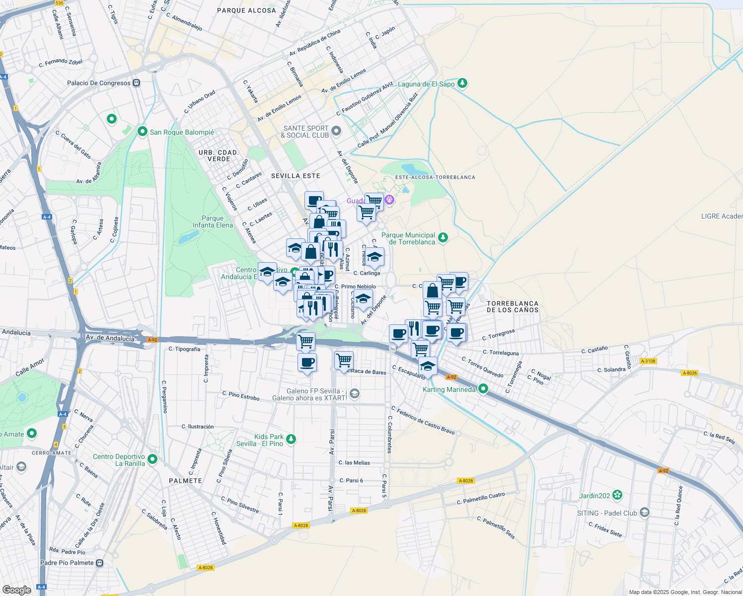map of restaurants, bars, coffee shops, grocery stores, and more near 10 Calle Gimnasia in Sevilla