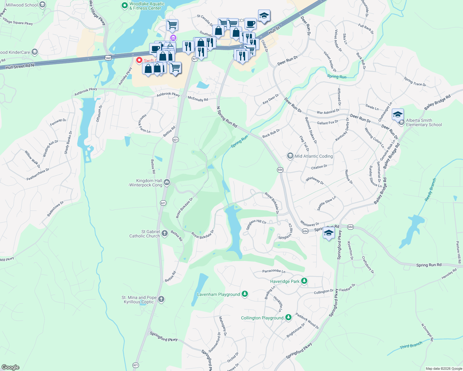 map of restaurants, bars, coffee shops, grocery stores, and more near 8524 Sunningdale Terrace in Chesterfield