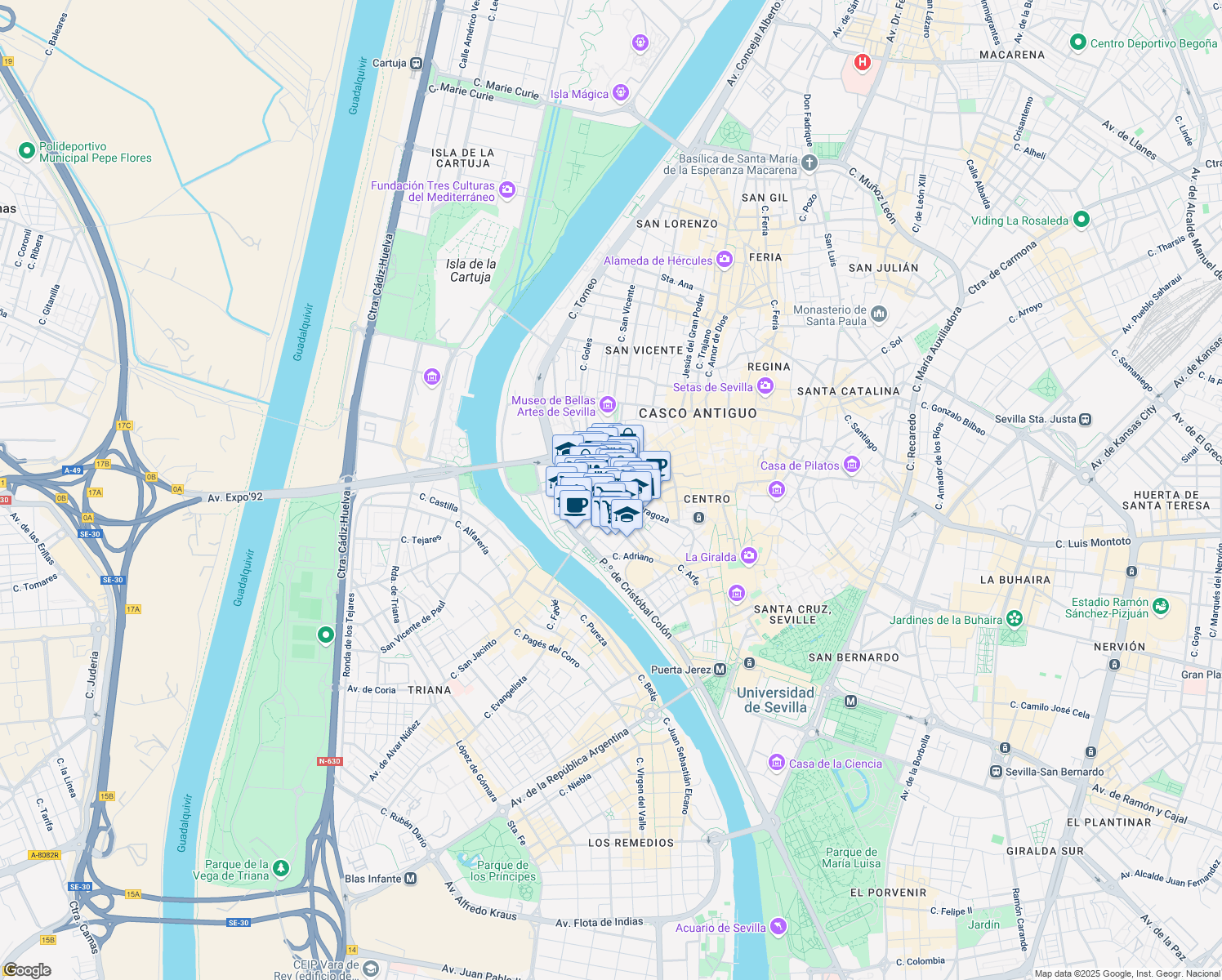 map of restaurants, bars, coffee shops, grocery stores, and more near 3 Calle Reyes Católicos in Sevilla