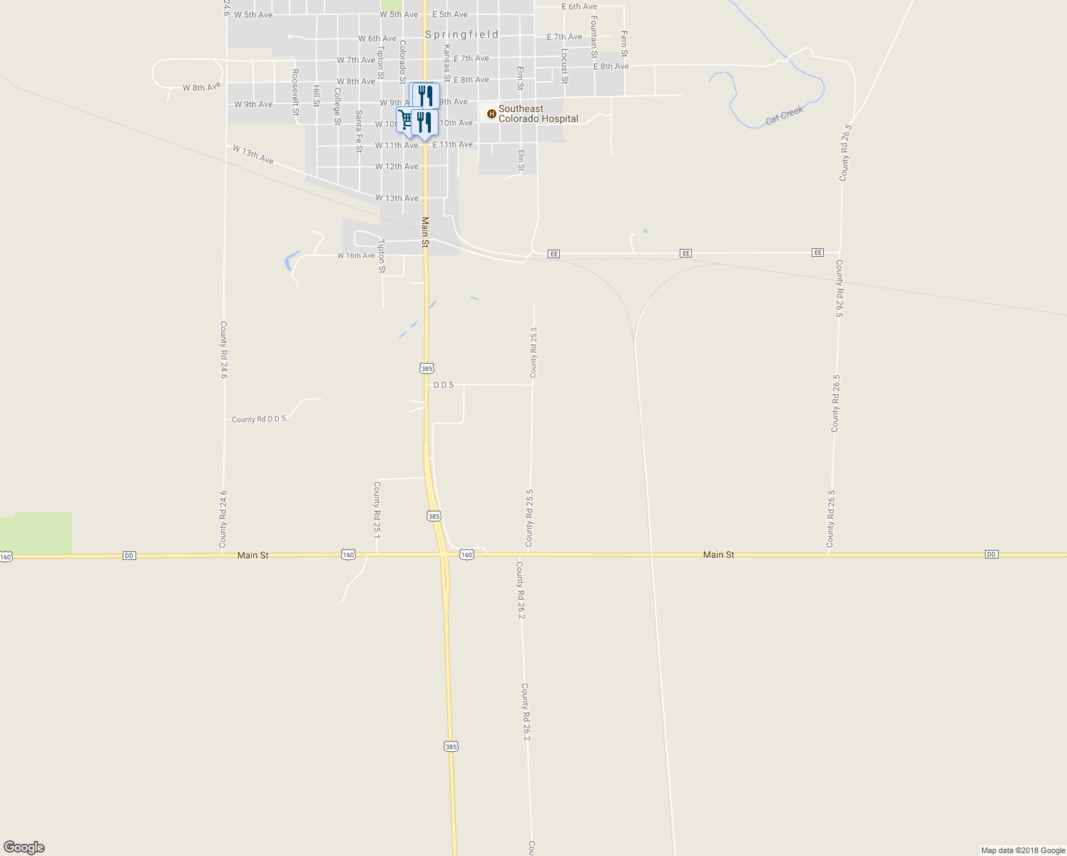 map of restaurants, bars, coffee shops, grocery stores, and more near 27248 County Road 25.5 in Springfield