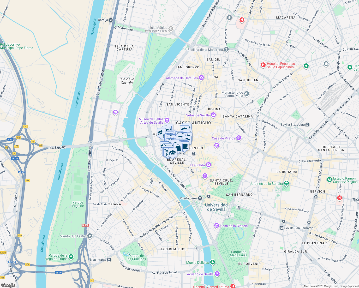 map of restaurants, bars, coffee shops, grocery stores, and more near in Seville