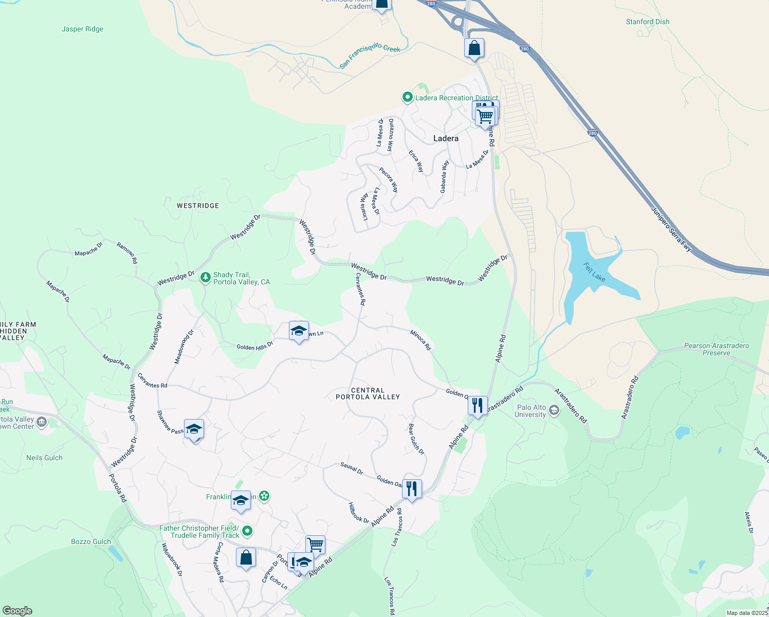 map of restaurants, bars, coffee shops, grocery stores, and more near 30 Pine Ridge Way in Portola Valley