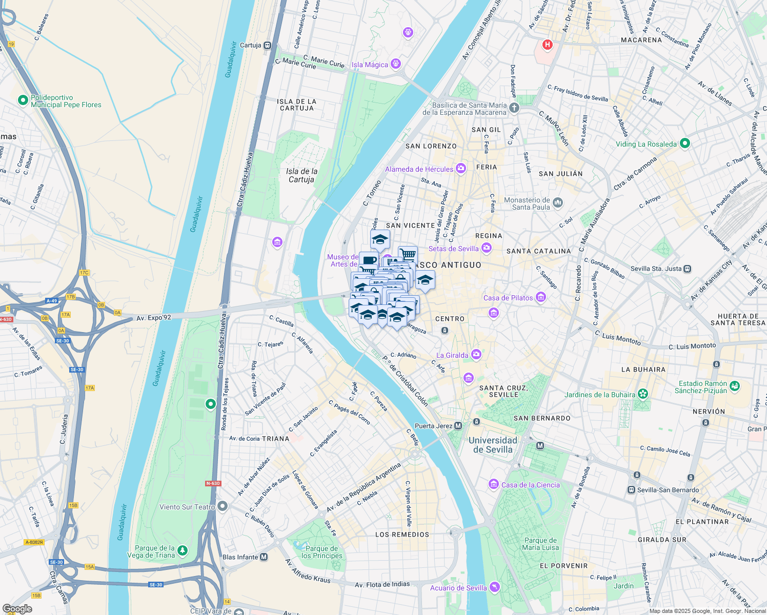 map of restaurants, bars, coffee shops, grocery stores, and more near 10 Calle Julio César in Seville