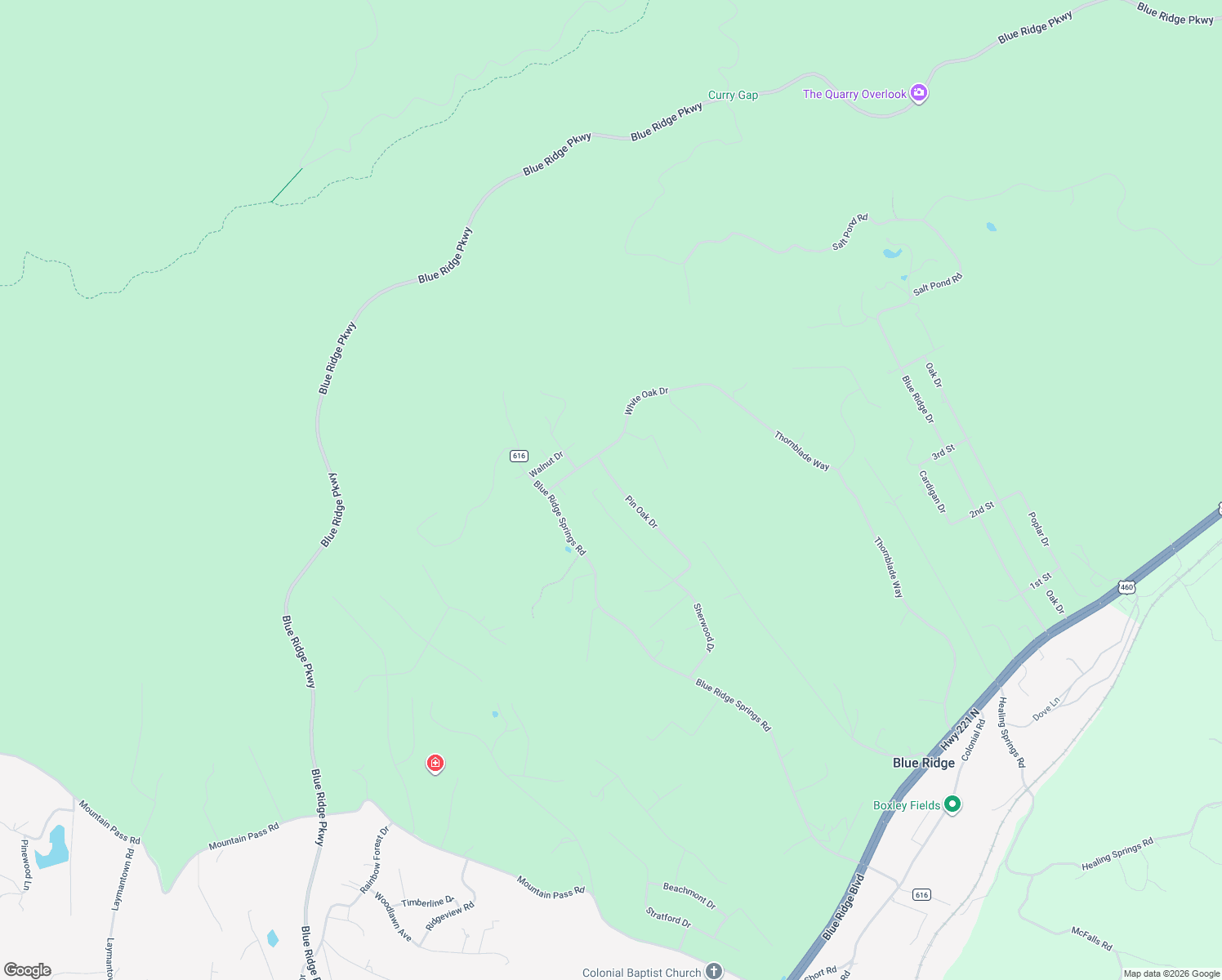 map of restaurants, bars, coffee shops, grocery stores, and more near 471 Pin Oak Drive in Blue Ridge