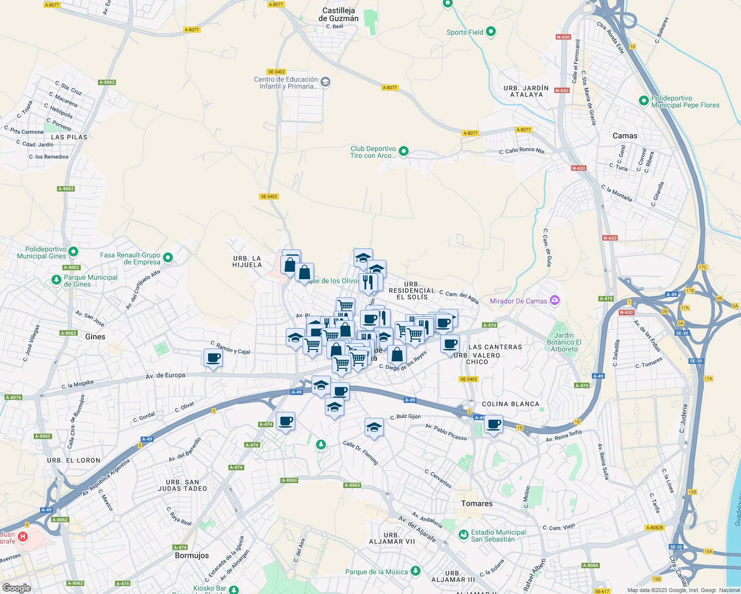 map of restaurants, bars, coffee shops, grocery stores, and more near 2 Avenida Antonio Mairena in Castilleja de la Cuesta