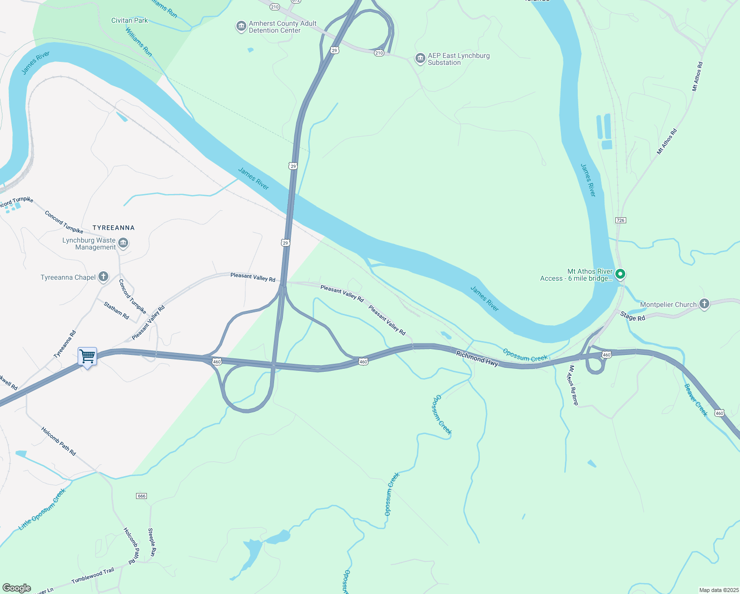 map of restaurants, bars, coffee shops, grocery stores, and more near 6092 Pleasant Valley Road in Lynchburg