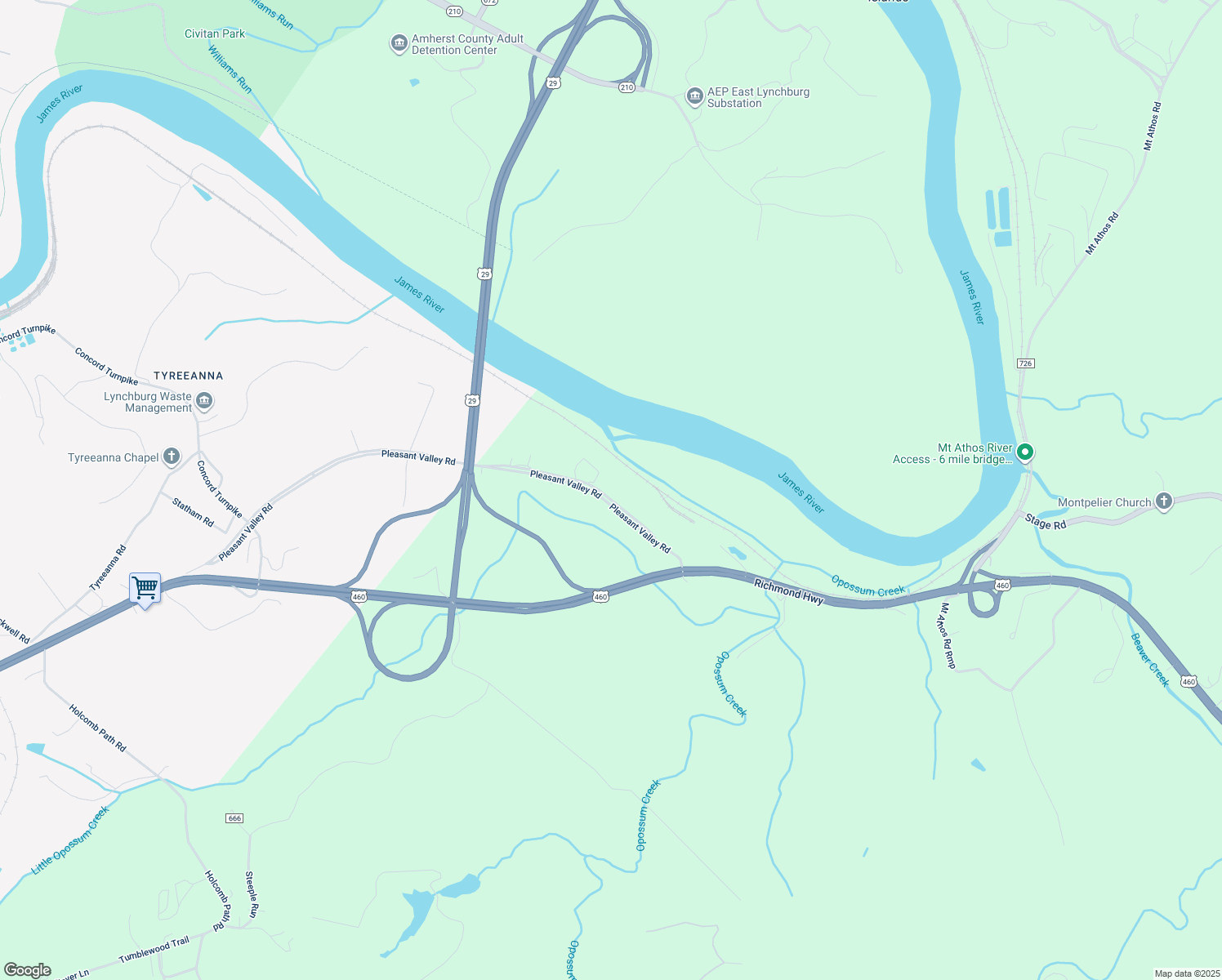 map of restaurants, bars, coffee shops, grocery stores, and more near 6092 Pleasant Valley Road in Lynchburg