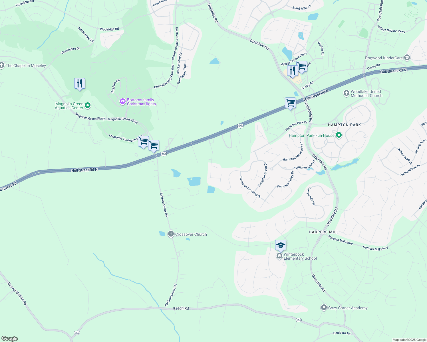 map of restaurants, bars, coffee shops, grocery stores, and more near 8407 Hampton Farms Drive in Moseley