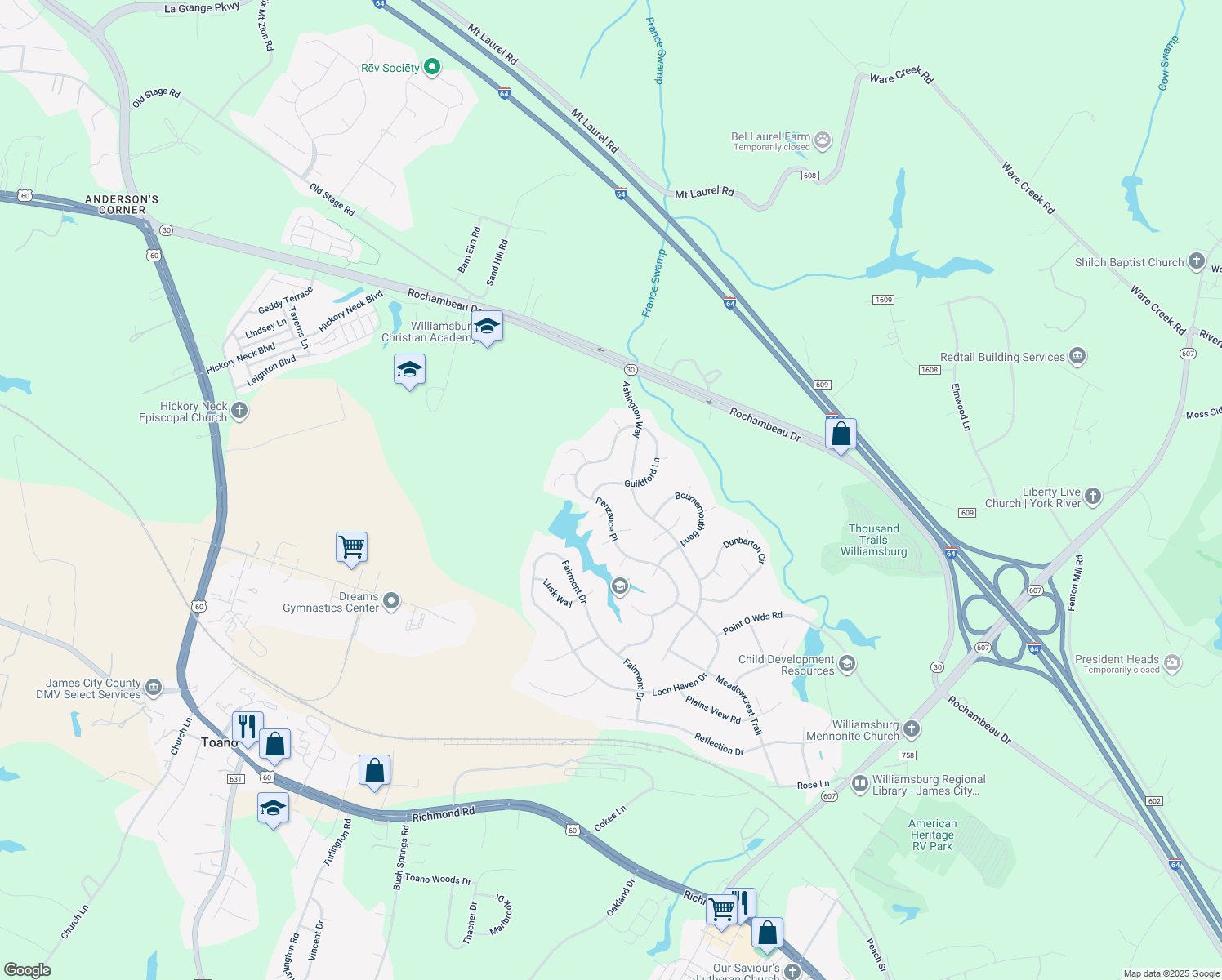map of restaurants, bars, coffee shops, grocery stores, and more near 3959 Guildford Ln in Williamsburg
