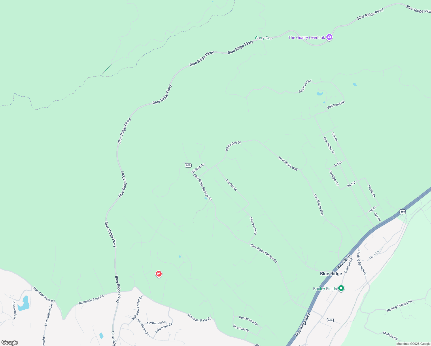 map of restaurants, bars, coffee shops, grocery stores, and more near 471 Pin Oak Drive in Blue Ridge
