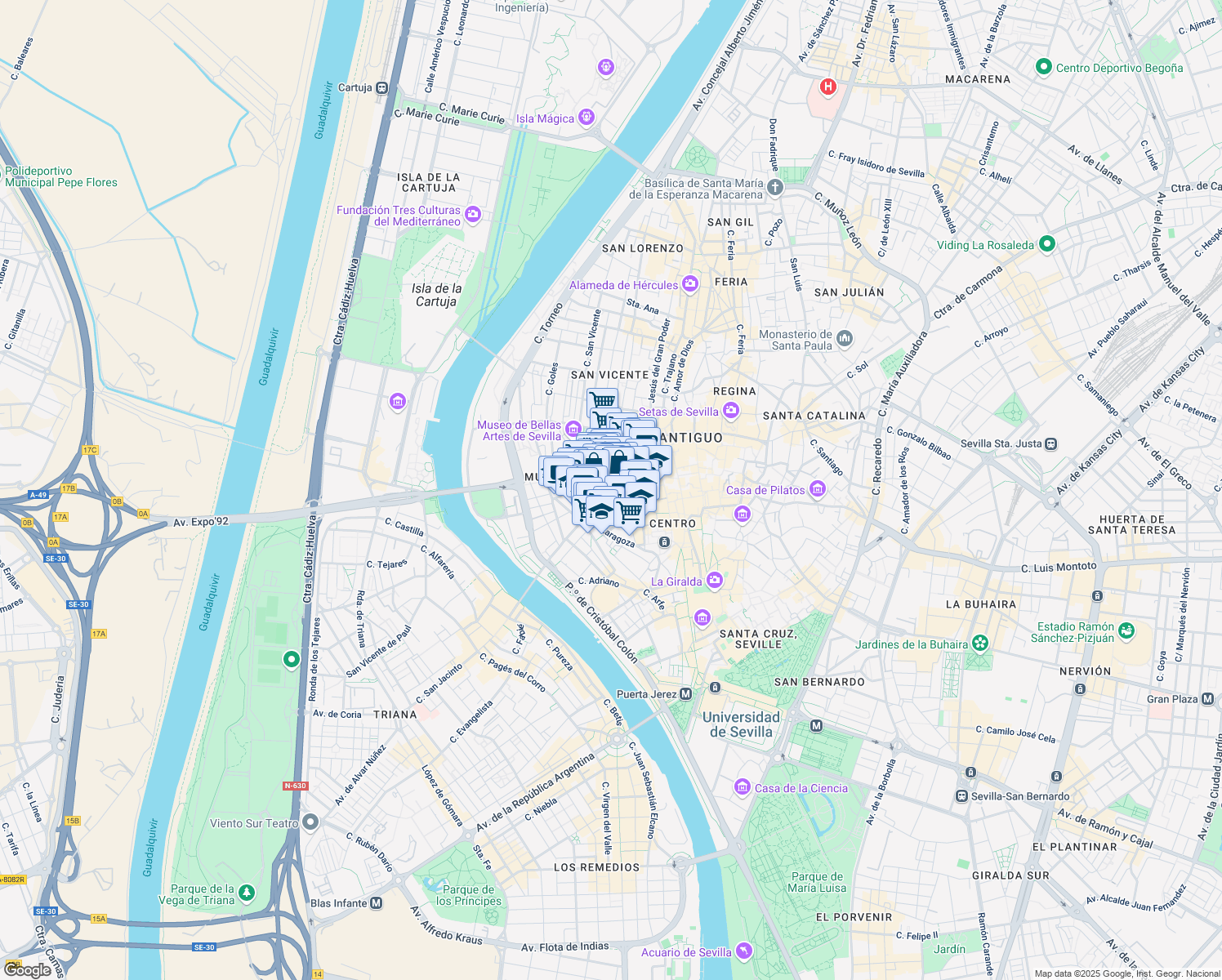 map of restaurants, bars, coffee shops, grocery stores, and more near 1A Calle Ciriaco Esteban in Sevilla