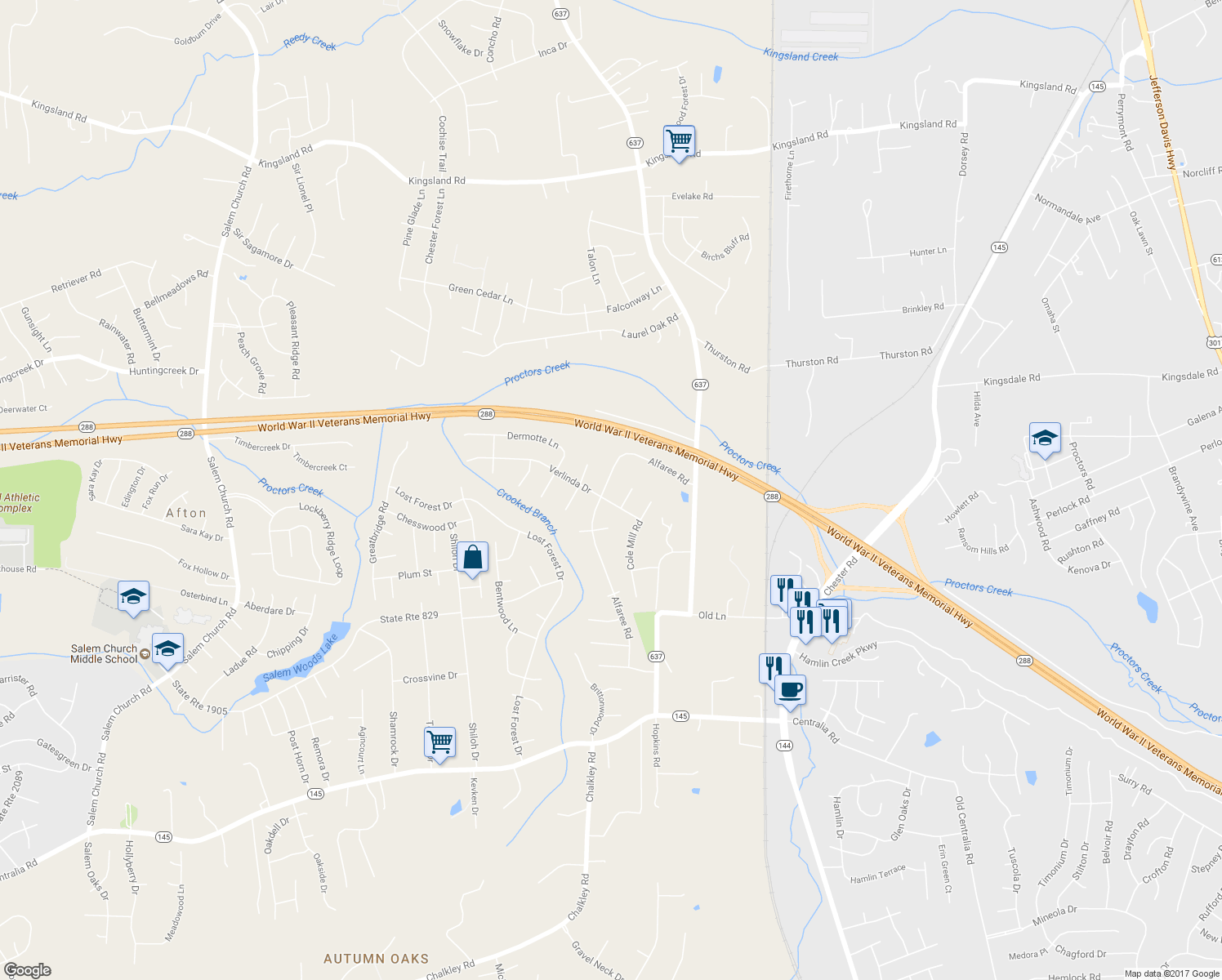 map of restaurants, bars, coffee shops, grocery stores, and more near 9619 Alfaree Road in Richmond