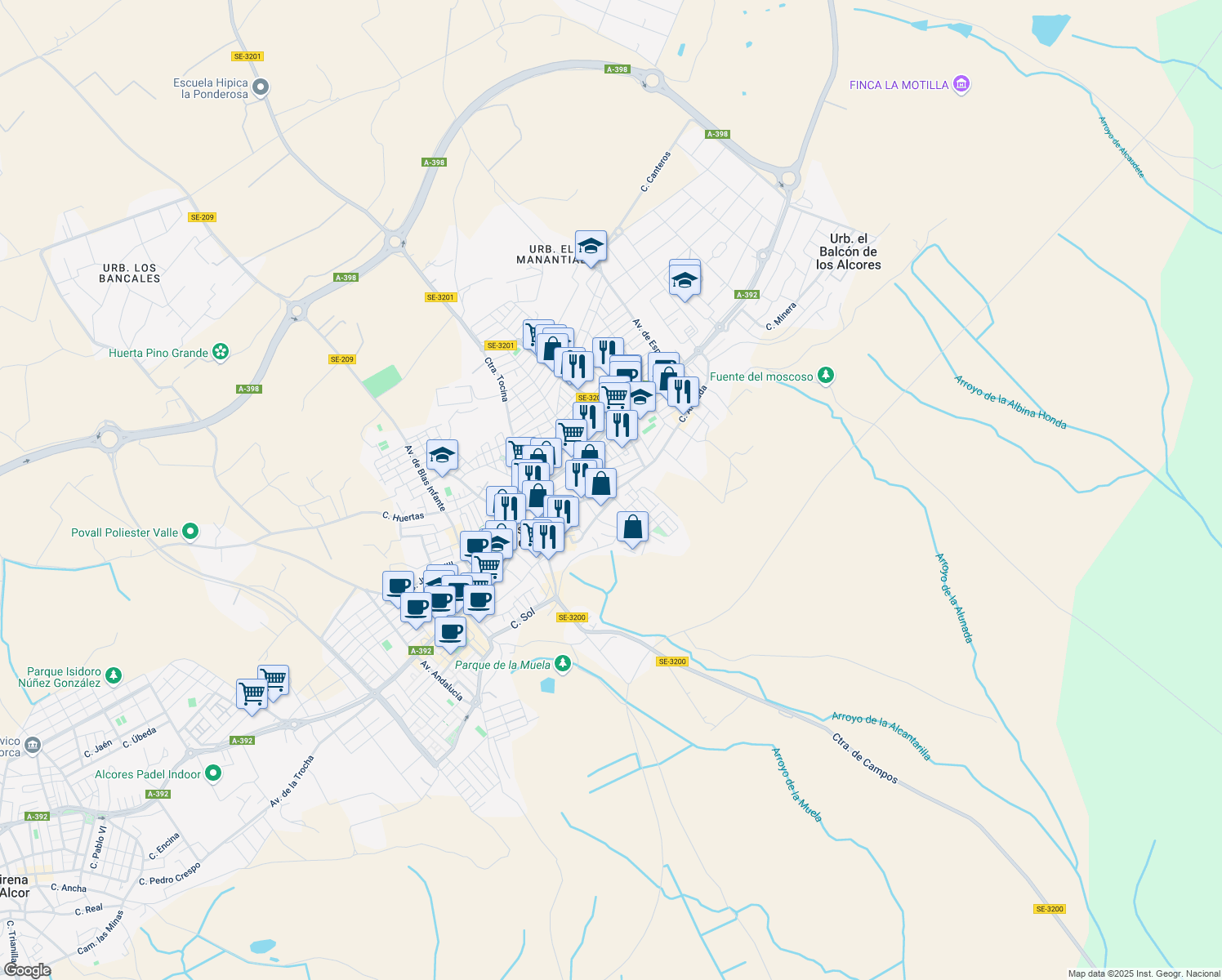 map of restaurants, bars, coffee shops, grocery stores, and more near 235 Calle Rosario in El Viso del Alcor