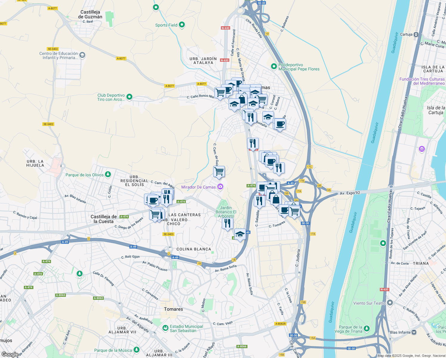 map of restaurants, bars, coffee shops, grocery stores, and more near 6 Calle Málaga in Camas
