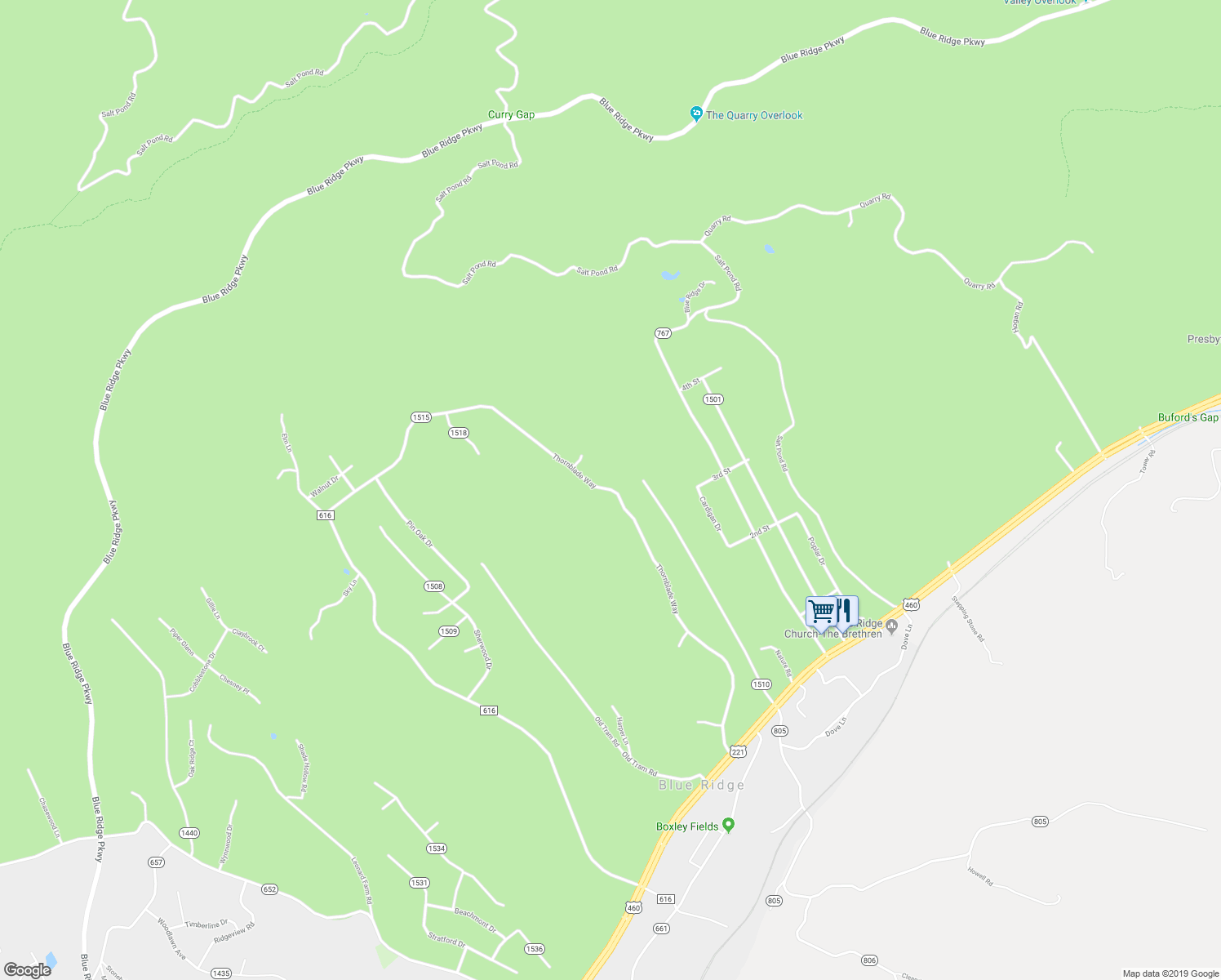 map of restaurants, bars, coffee shops, grocery stores, and more near 955 Thornblade Way in Blue Ridge