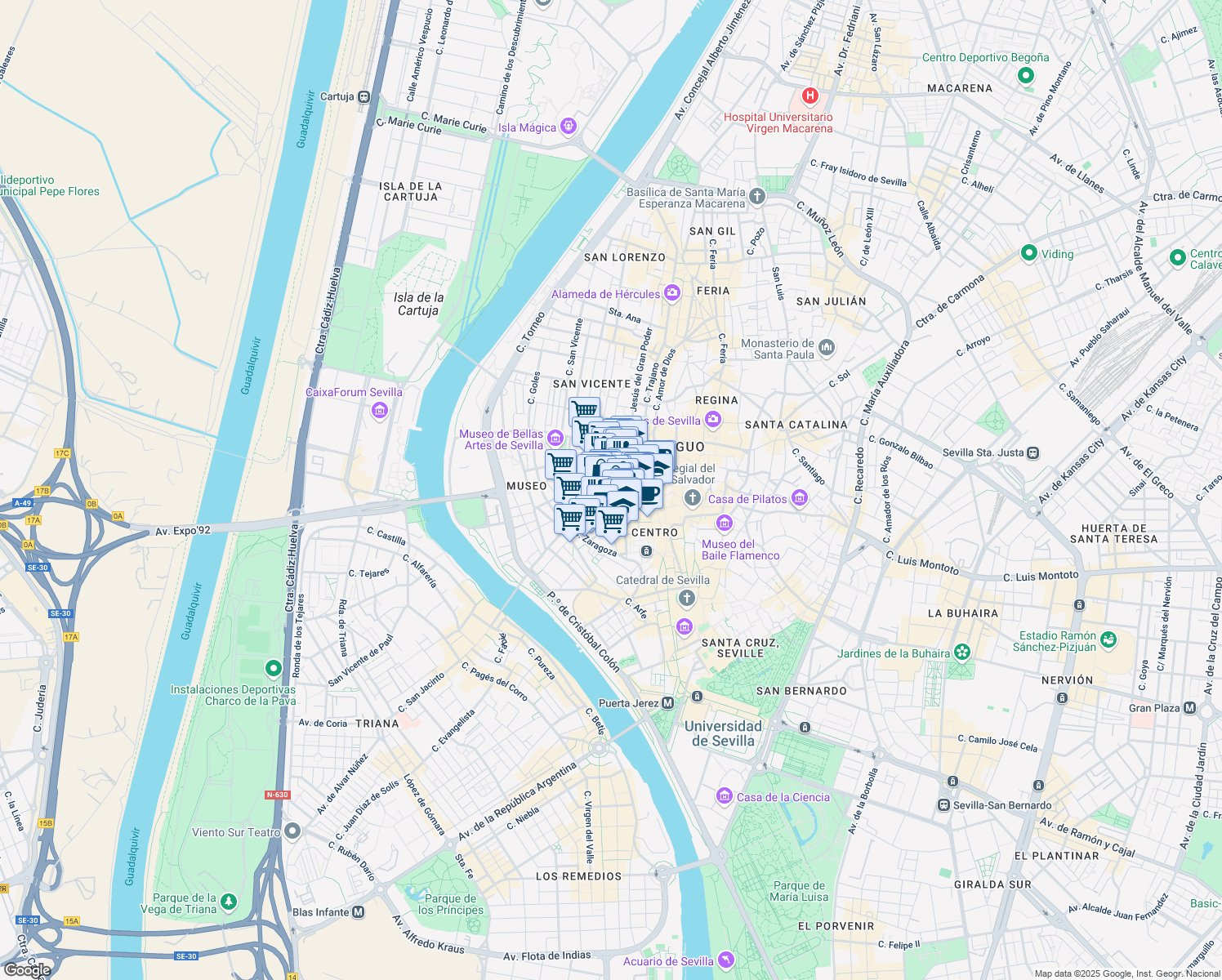 map of restaurants, bars, coffee shops, grocery stores, and more near 1 Plaza de la Magdalena in Sevilla