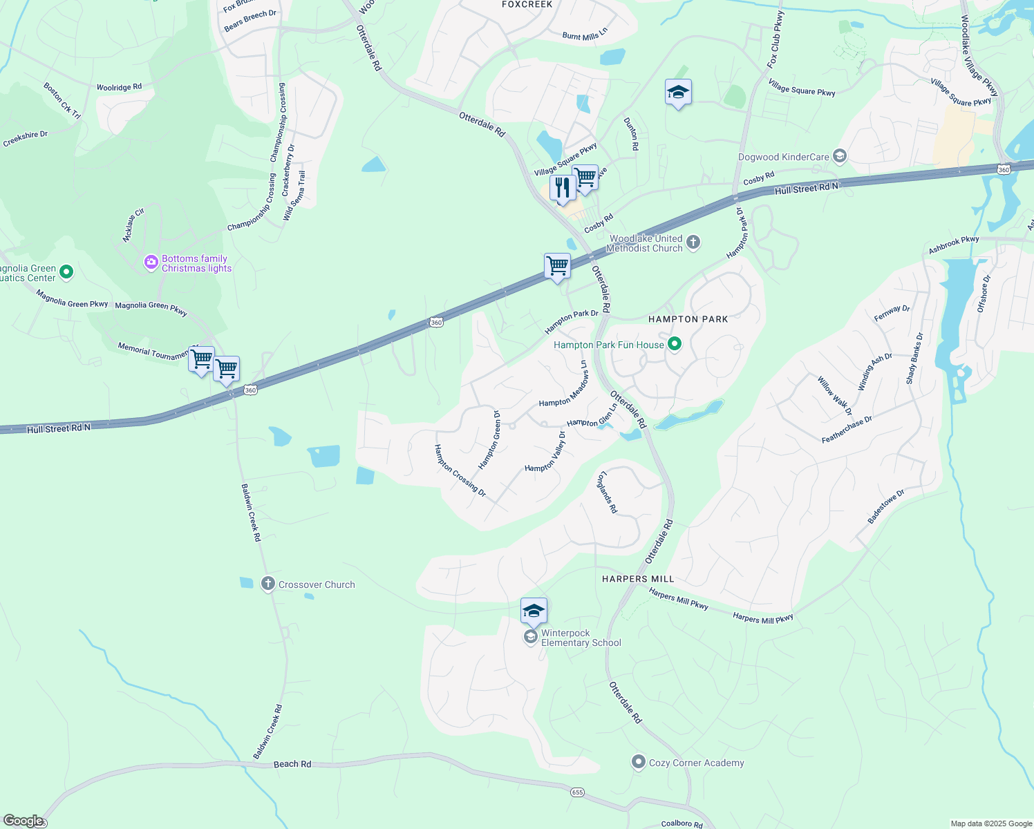 map of restaurants, bars, coffee shops, grocery stores, and more near 8106 Hampton Meadows Lane in Chesterfield
