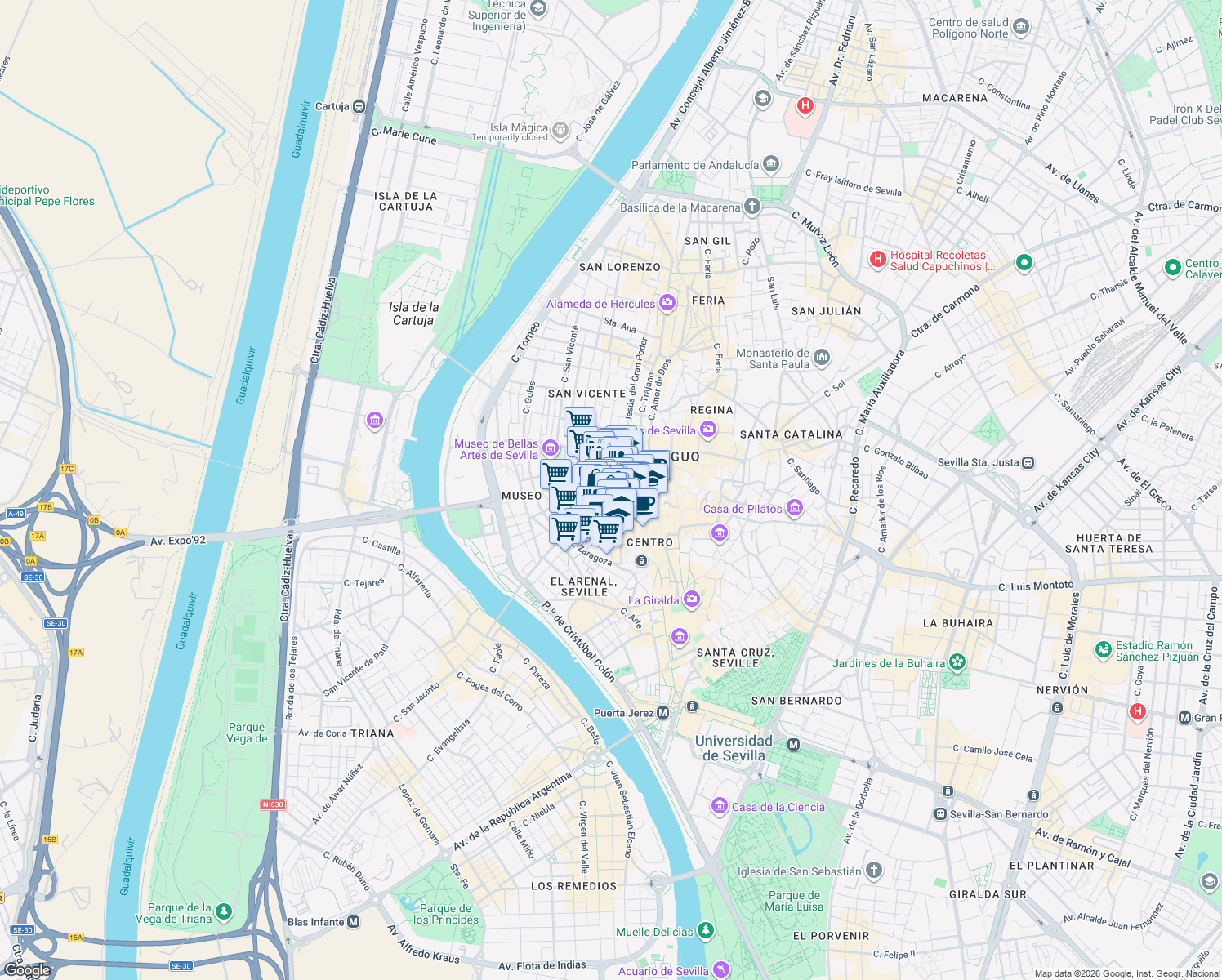 map of restaurants, bars, coffee shops, grocery stores, and more near 1 Plaza de la Magdalena in Sevilla