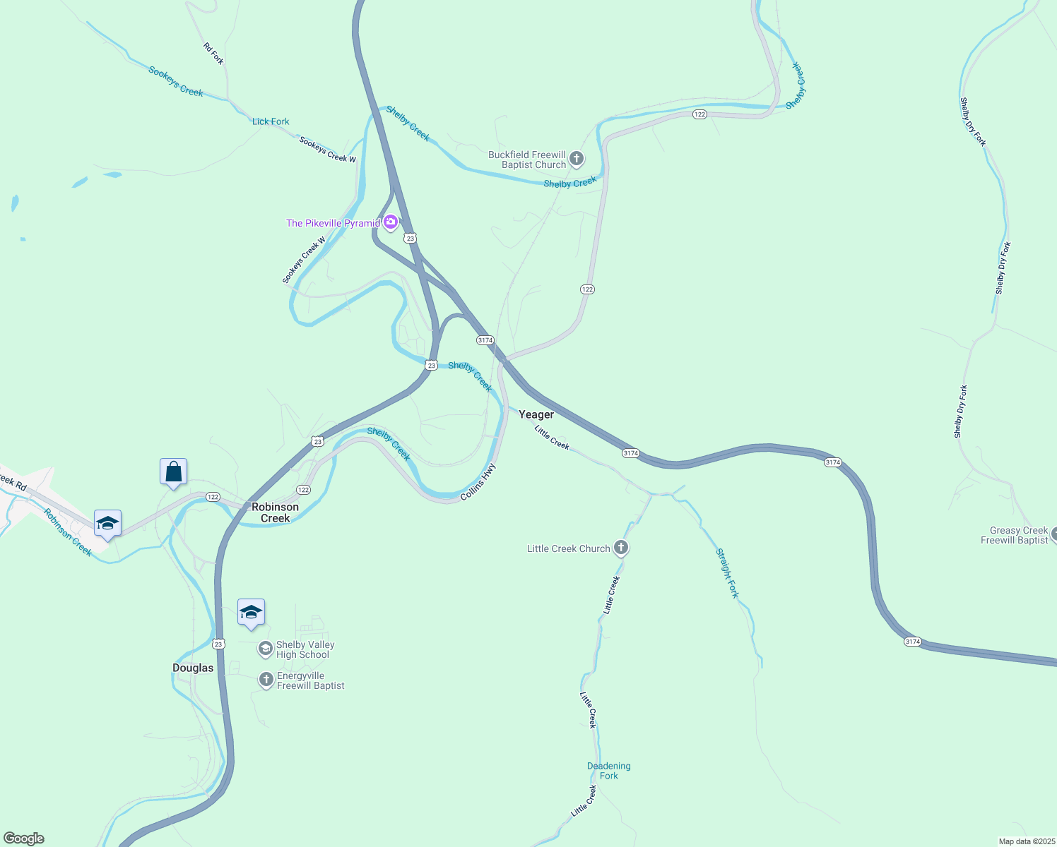 map of restaurants, bars, coffee shops, grocery stores, and more near 181 Little Creek in Pikeville
