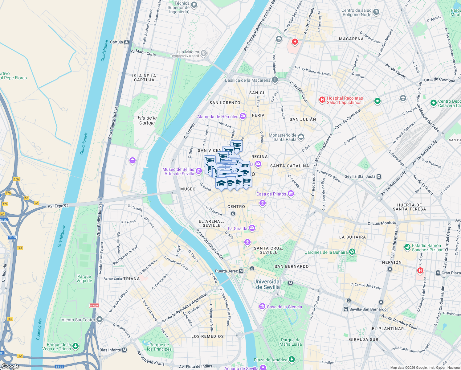 map of restaurants, bars, coffee shops, grocery stores, and more near 2 Calle José de Velilla in Sevilla
