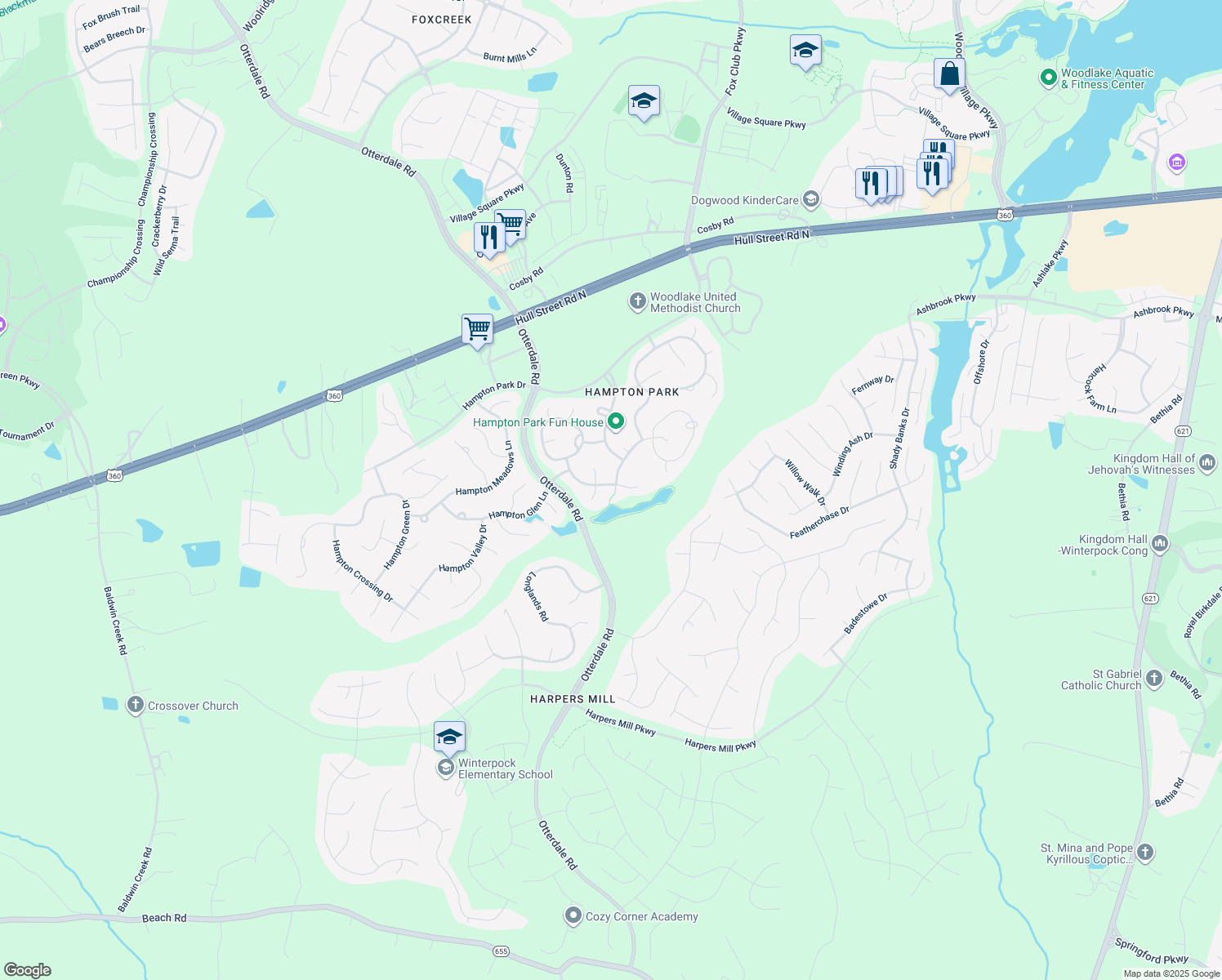 map of restaurants, bars, coffee shops, grocery stores, and more near 8112 Hampton Glen Drive in Chesterfield