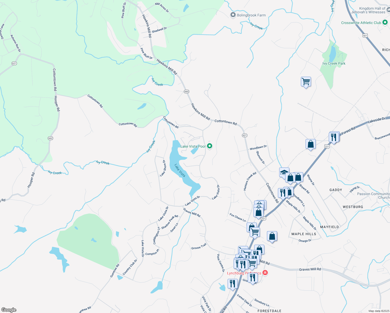 map of restaurants, bars, coffee shops, grocery stores, and more near 154 Sunset Ridge Road in Forest