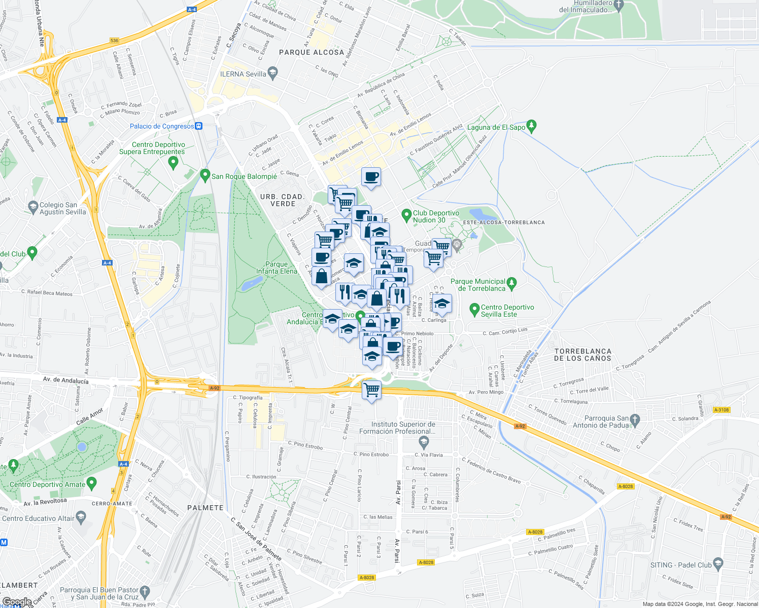 map of restaurants, bars, coffee shops, grocery stores, and more near 3 Calle Juan Gil in Sevilla