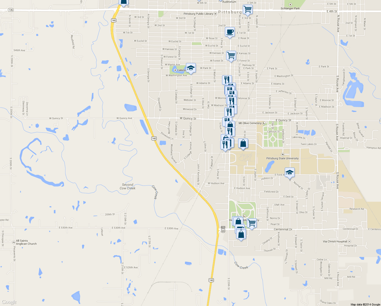 map of restaurants, bars, coffee shops, grocery stores, and more near 1715 S College Terrace in Pittsburg