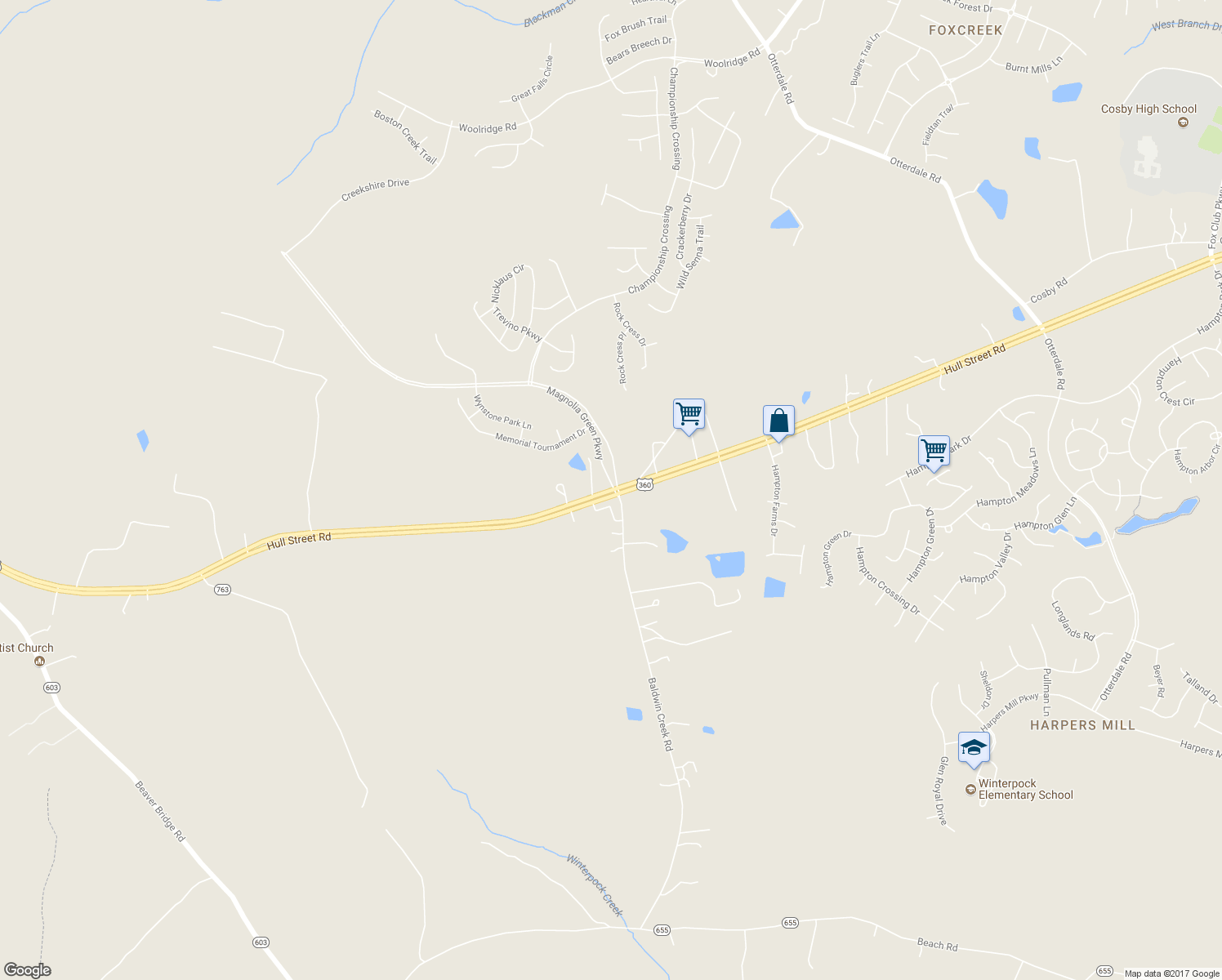 map of restaurants, bars, coffee shops, grocery stores, and more near 17308 Hull Street Road in Moseley