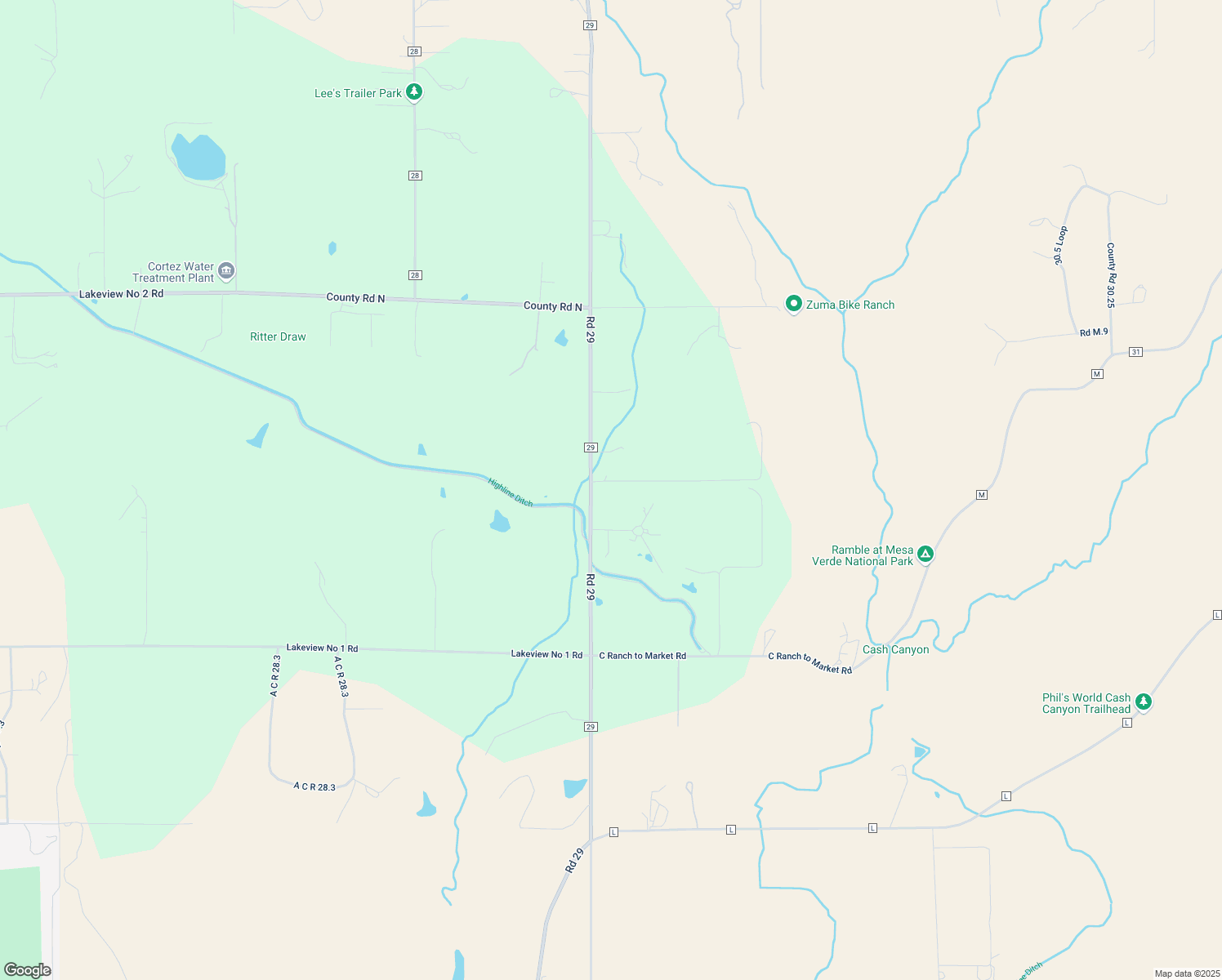 map of restaurants, bars, coffee shops, grocery stores, and more near 12476 County Road 29 in Dolores