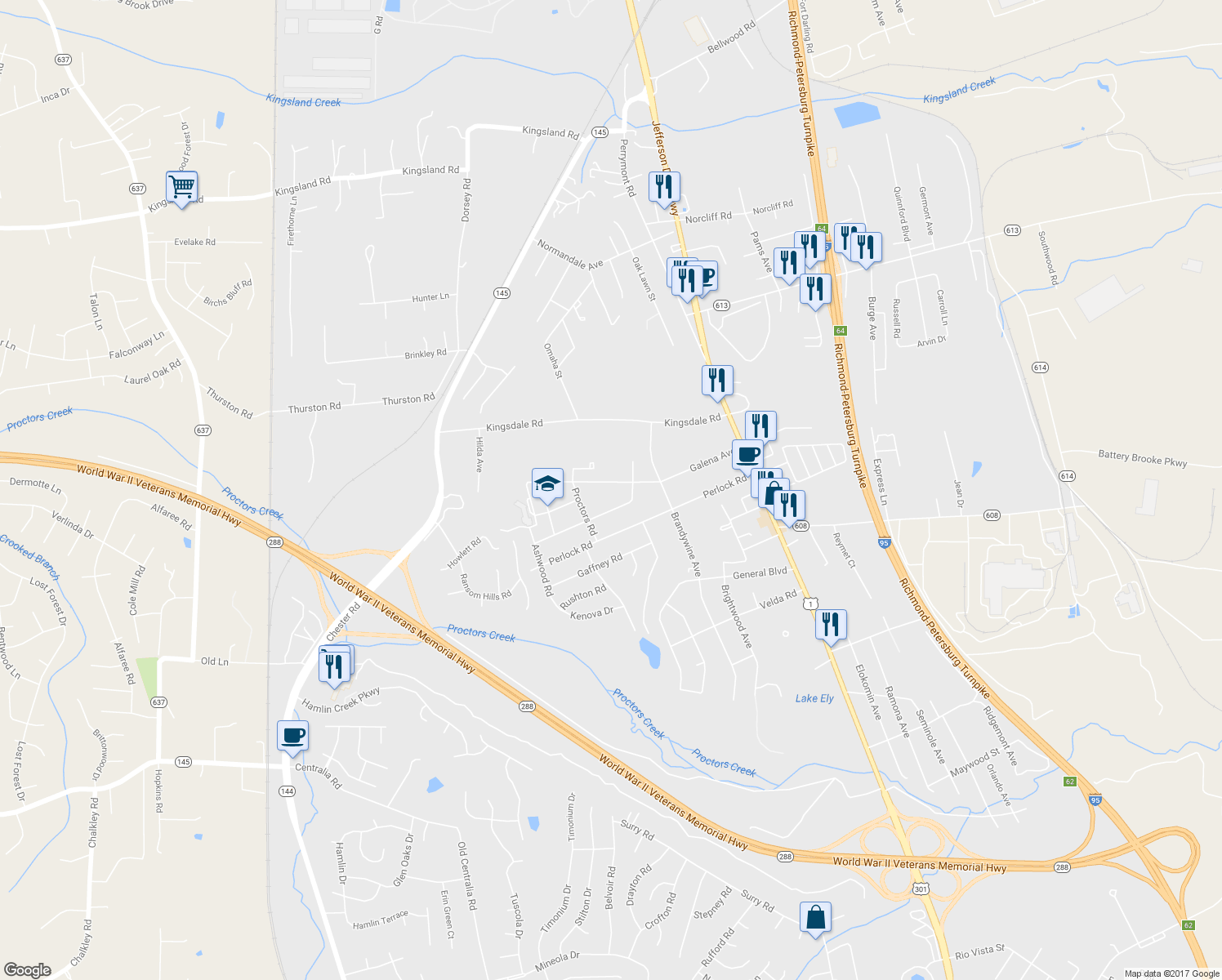 map of restaurants, bars, coffee shops, grocery stores, and more near 2919 Galena Avenue in Richmond