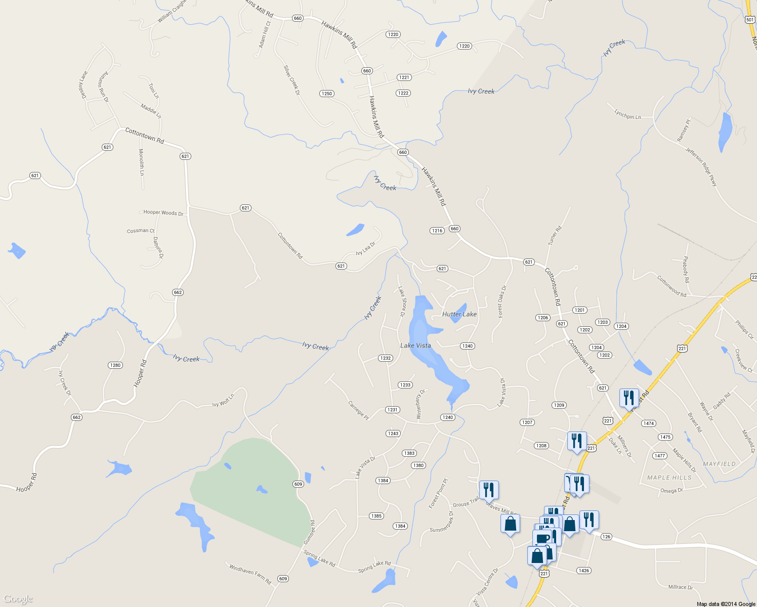 map of restaurants, bars, coffee shops, grocery stores, and more near 1482 Whistling Swan Drive in Forest