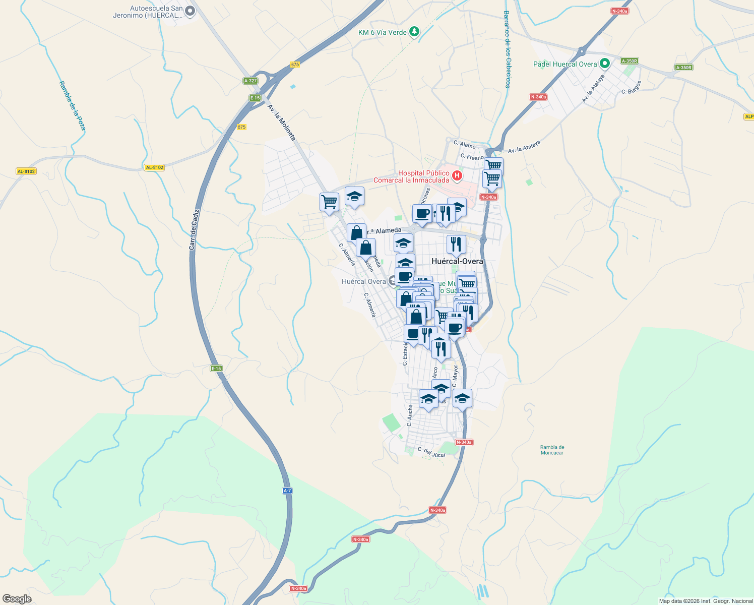 map of restaurants, bars, coffee shops, grocery stores, and more near 24 Calle Córdoba in Huércal-Overa