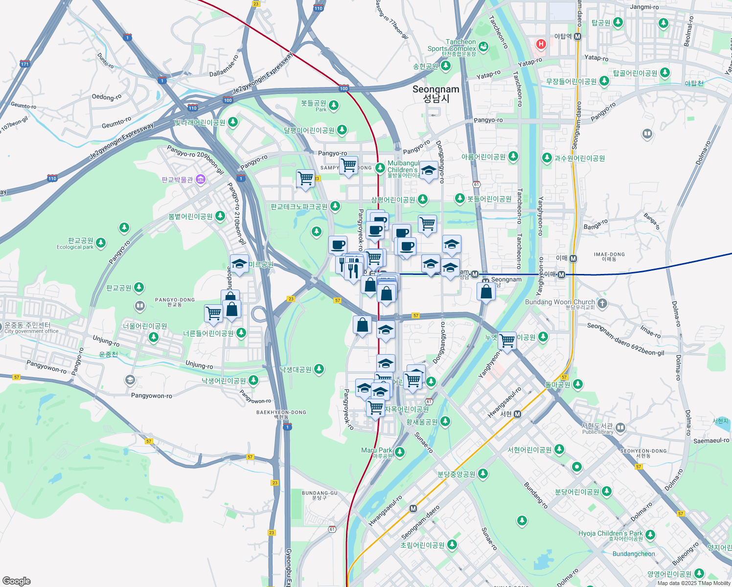 map of restaurants, bars, coffee shops, grocery stores, and more near in Seongnam-si