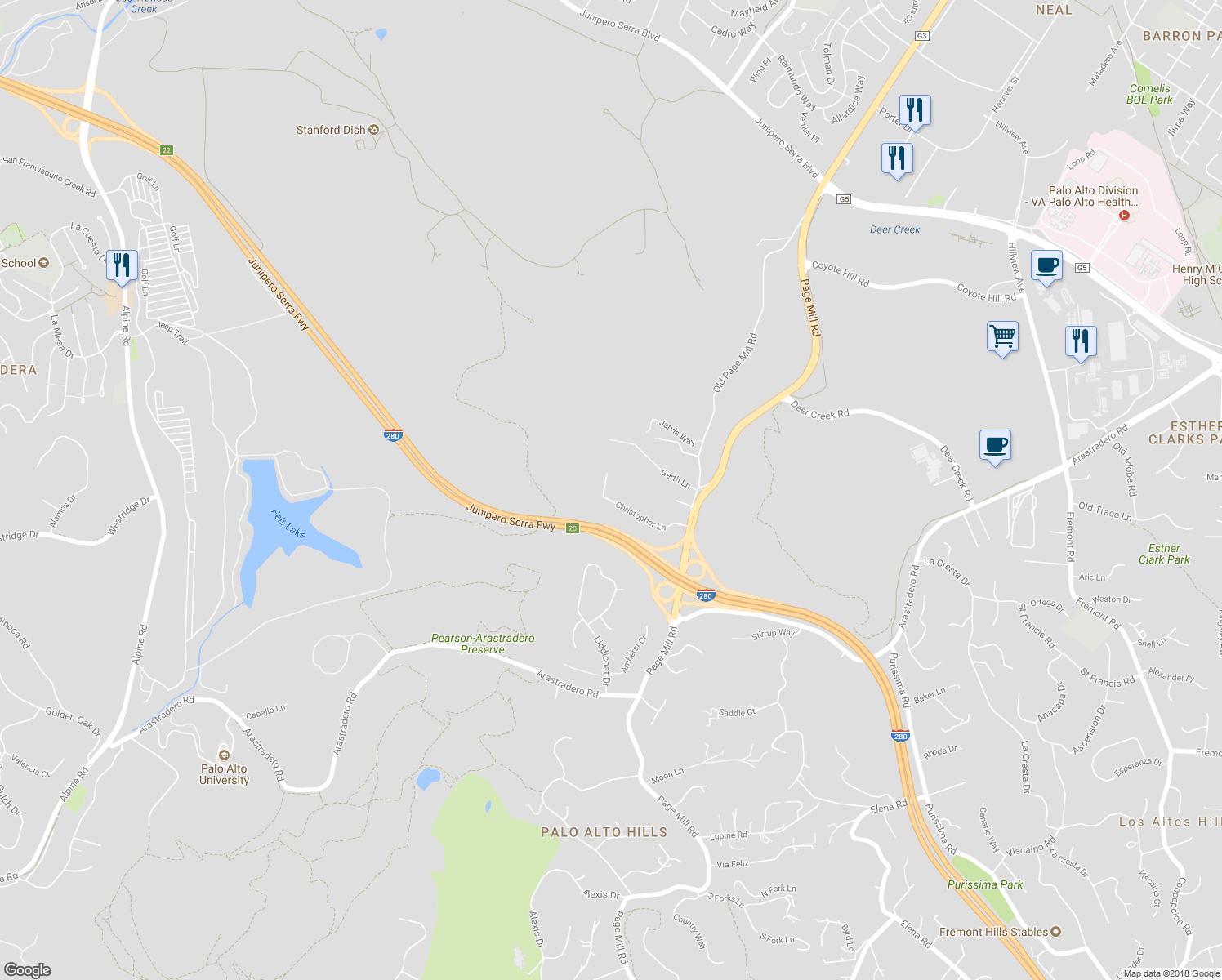 map of restaurants, bars, coffee shops, grocery stores, and more near 28405 Christopher Lane in Los Altos Hills