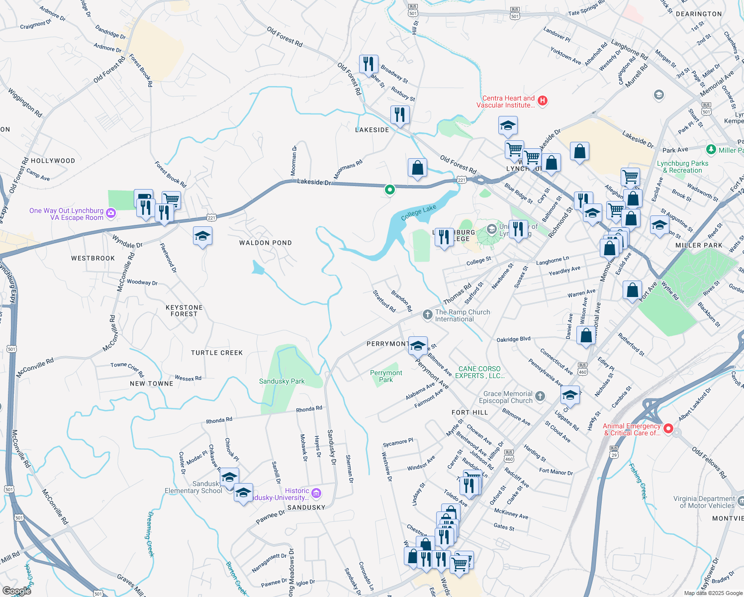 map of restaurants, bars, coffee shops, grocery stores, and more near 1141 Stratford Road in Lynchburg