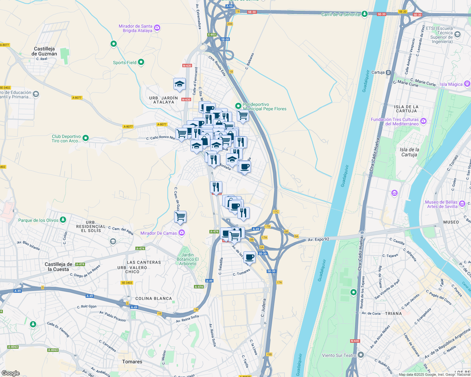 map of restaurants, bars, coffee shops, grocery stores, and more near 35 Calle la Montaña in Camas