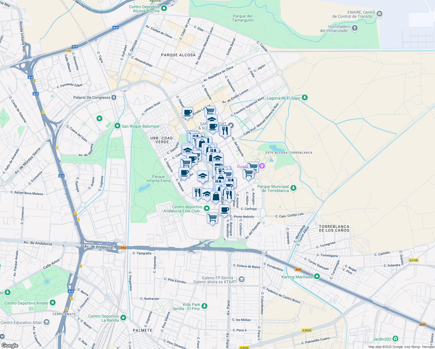 map of restaurants, bars, coffee shops, grocery stores, and more near 3 Calle Flor de Salvia in Sevilla