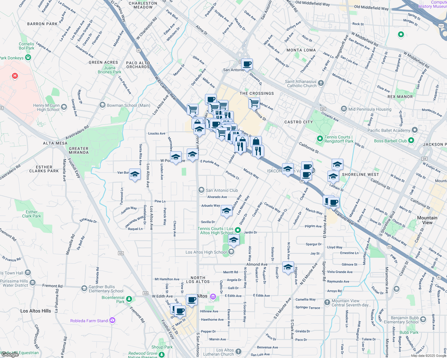 map of restaurants, bars, coffee shops, grocery stores, and more near 200 Delphi Circle in Los Altos