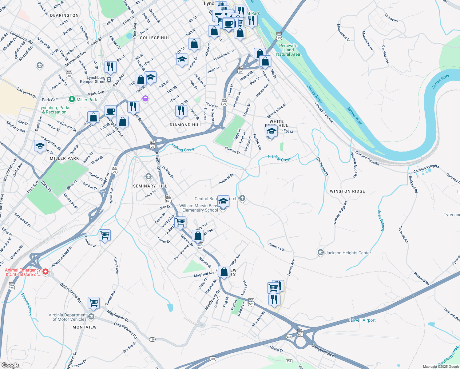map of restaurants, bars, coffee shops, grocery stores, and more near 1501 Bland St in Lynchburg